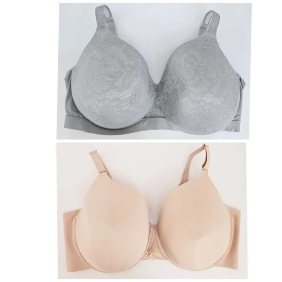 Cacique Other - Cacique Lot Of 2 Full Coverage Figure Lined Underwire Beige Grey Lace Bra 46G